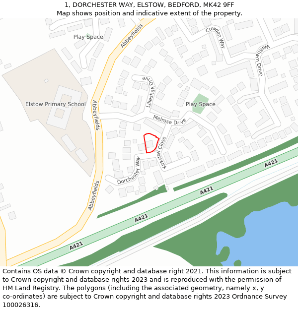 1, DORCHESTER WAY, ELSTOW, BEDFORD, MK42 9FF: Location map and indicative extent of plot