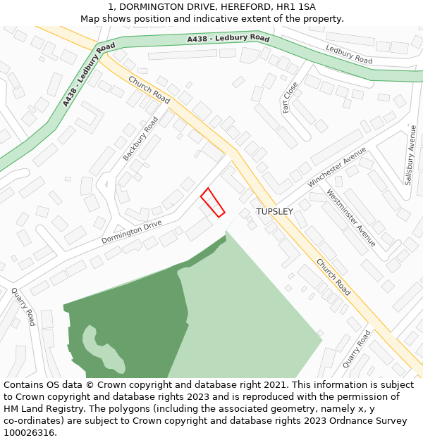 1, DORMINGTON DRIVE, HEREFORD, HR1 1SA: Location map and indicative extent of plot