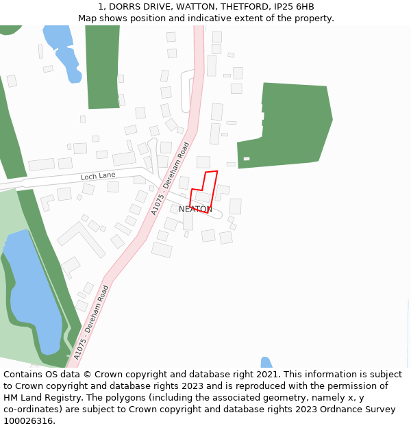 1, DORRS DRIVE, WATTON, THETFORD, IP25 6HB: Location map and indicative extent of plot