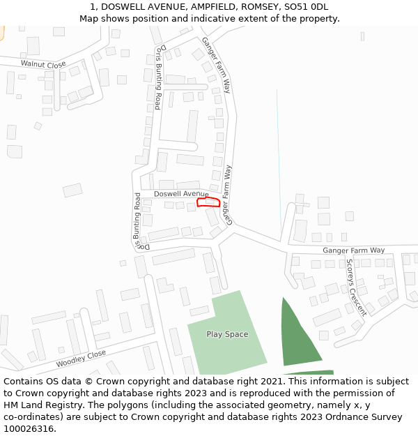 1, DOSWELL AVENUE, AMPFIELD, ROMSEY, SO51 0DL: Location map and indicative extent of plot