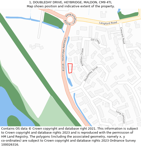 1, DOUBLEDAY DRIVE, HEYBRIDGE, MALDON, CM9 4TL: Location map and indicative extent of plot