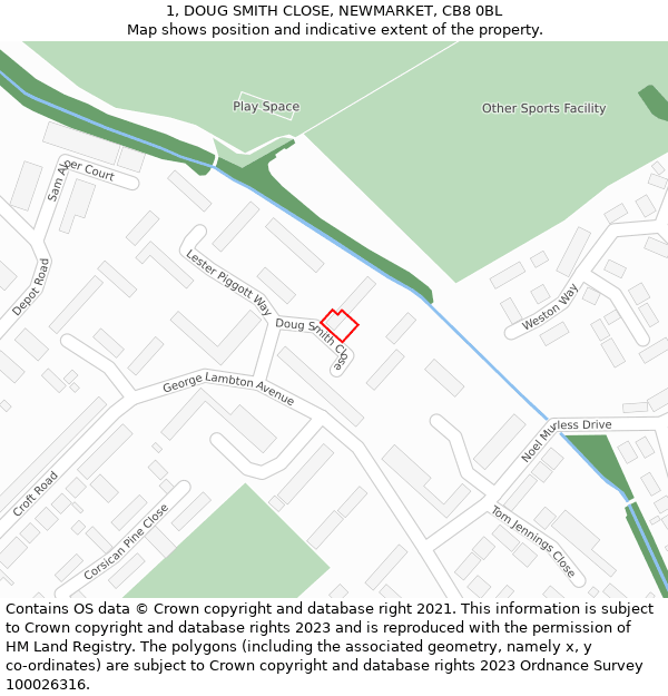 1, DOUG SMITH CLOSE, NEWMARKET, CB8 0BL: Location map and indicative extent of plot