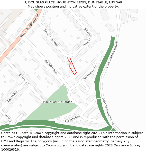 1, DOUGLAS PLACE, HOUGHTON REGIS, DUNSTABLE, LU5 5AP: Location map and indicative extent of plot