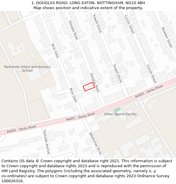 1, DOUGLAS ROAD, LONG EATON, NOTTINGHAM, NG10 4BH: Location map and indicative extent of plot