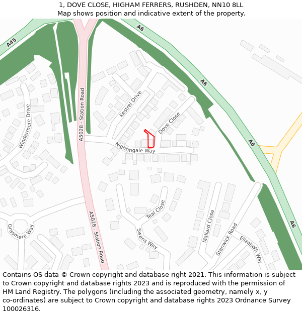 1, DOVE CLOSE, HIGHAM FERRERS, RUSHDEN, NN10 8LL: Location map and indicative extent of plot