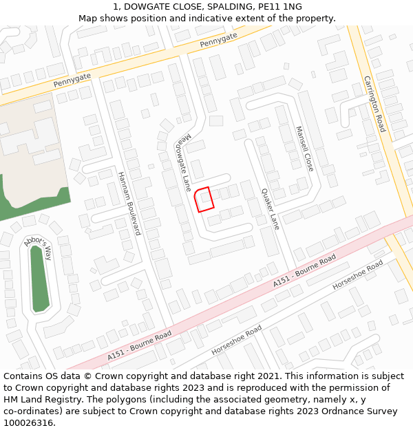 1, DOWGATE CLOSE, SPALDING, PE11 1NG: Location map and indicative extent of plot