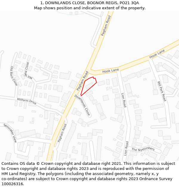 1, DOWNLANDS CLOSE, BOGNOR REGIS, PO21 3QA: Location map and indicative extent of plot