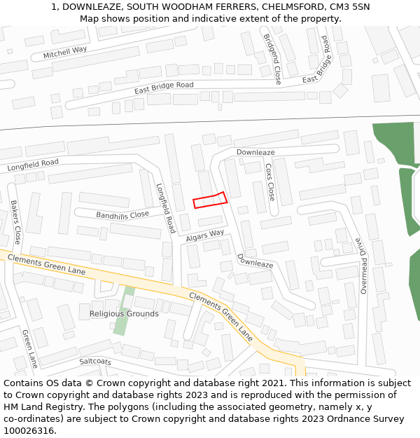 1, DOWNLEAZE, SOUTH WOODHAM FERRERS, CHELMSFORD, CM3 5SN: Location map and indicative extent of plot