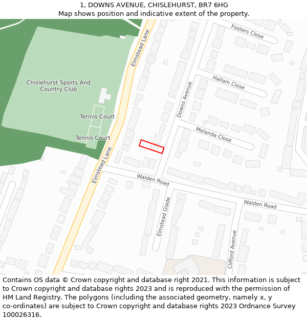 1, DOWNS AVENUE, CHISLEHURST, BR7 6HG: Location map and indicative extent of plot
