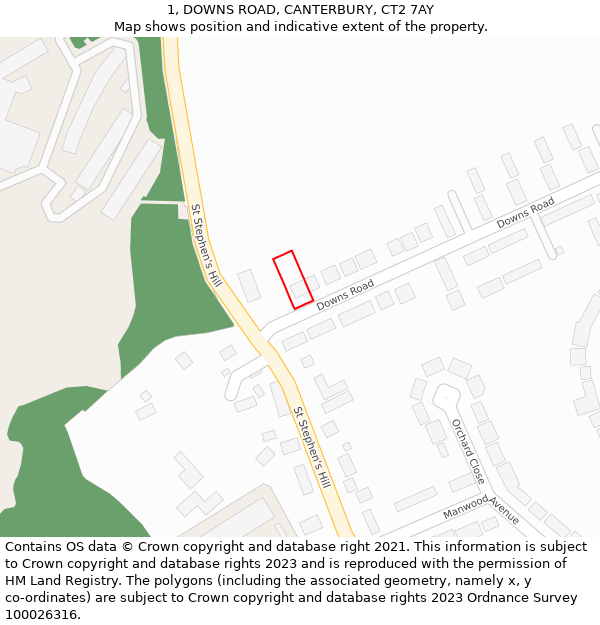1, DOWNS ROAD, CANTERBURY, CT2 7AY: Location map and indicative extent of plot