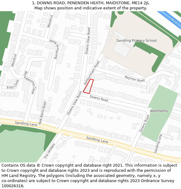 1, DOWNS ROAD, PENENDEN HEATH, MAIDSTONE, ME14 2JL: Location map and indicative extent of plot