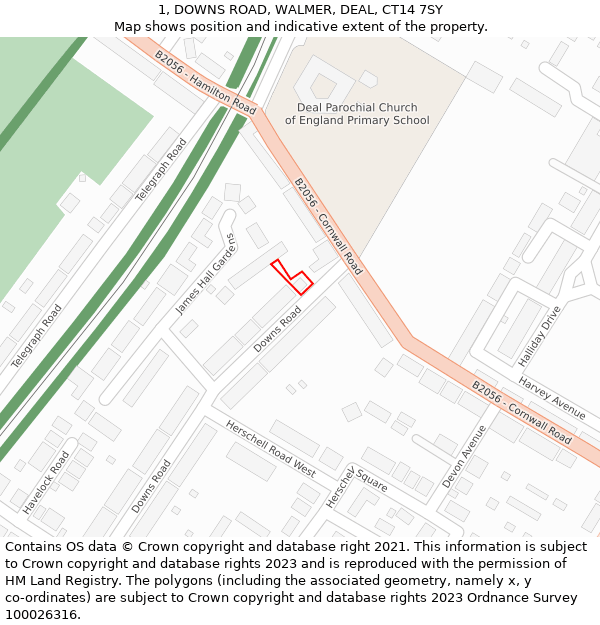 1, DOWNS ROAD, WALMER, DEAL, CT14 7SY: Location map and indicative extent of plot