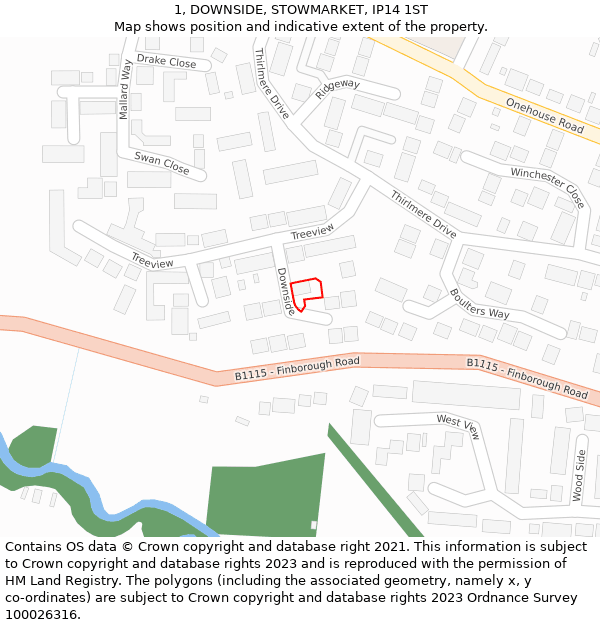 1, DOWNSIDE, STOWMARKET, IP14 1ST: Location map and indicative extent of plot