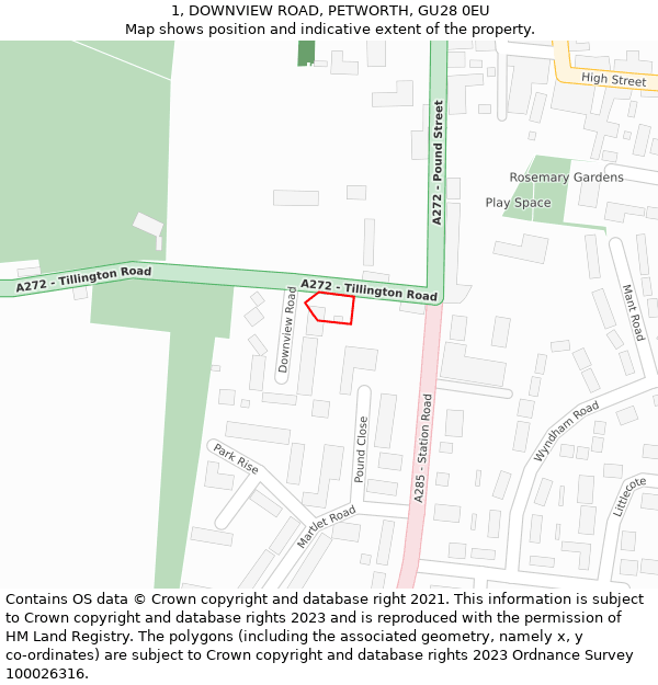 1, DOWNVIEW ROAD, PETWORTH, GU28 0EU: Location map and indicative extent of plot