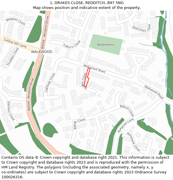 1, DRAKES CLOSE, REDDITCH, B97 5NG: Location map and indicative extent of plot