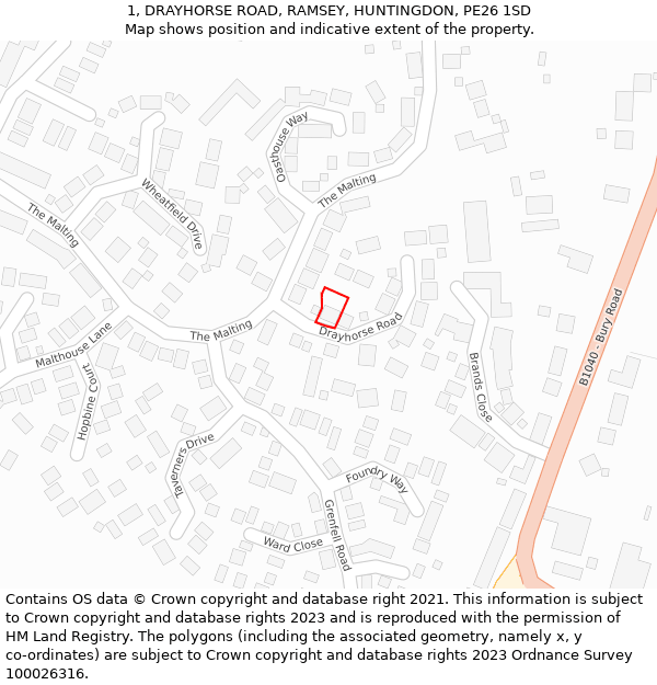 1, DRAYHORSE ROAD, RAMSEY, HUNTINGDON, PE26 1SD: Location map and indicative extent of plot