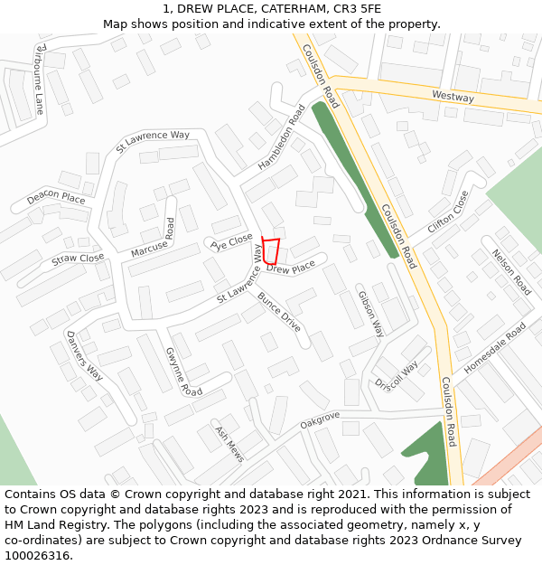 1, DREW PLACE, CATERHAM, CR3 5FE: Location map and indicative extent of plot