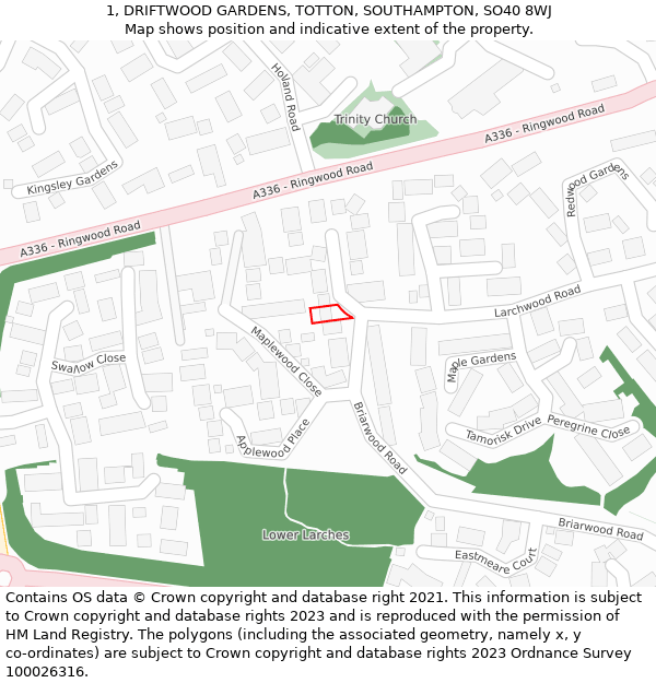 1, DRIFTWOOD GARDENS, TOTTON, SOUTHAMPTON, SO40 8WJ: Location map and indicative extent of plot