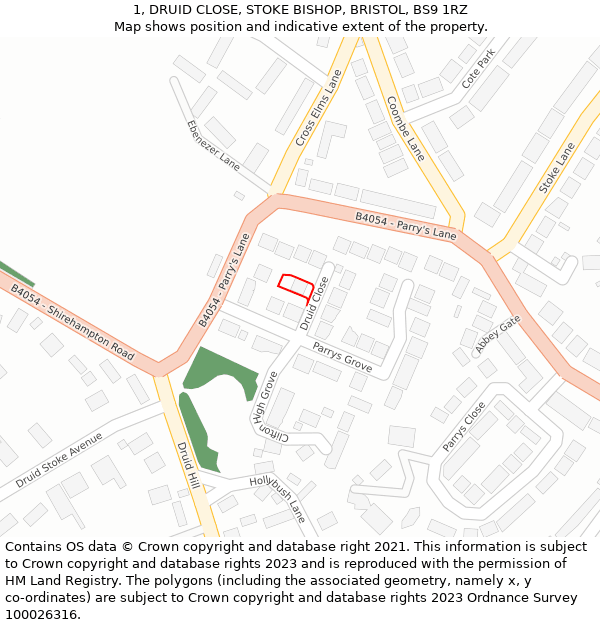 1, DRUID CLOSE, STOKE BISHOP, BRISTOL, BS9 1RZ: Location map and indicative extent of plot