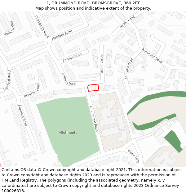 1, DRUMMOND ROAD, BROMSGROVE, B60 2ET: Location map and indicative extent of plot