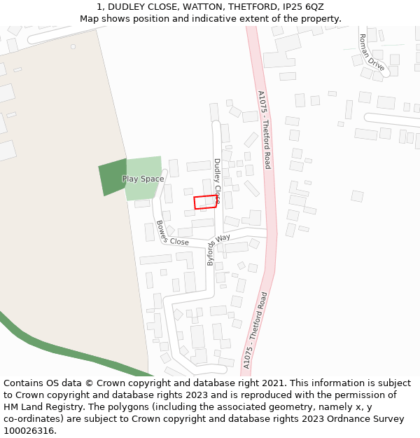 1, DUDLEY CLOSE, WATTON, THETFORD, IP25 6QZ: Location map and indicative extent of plot