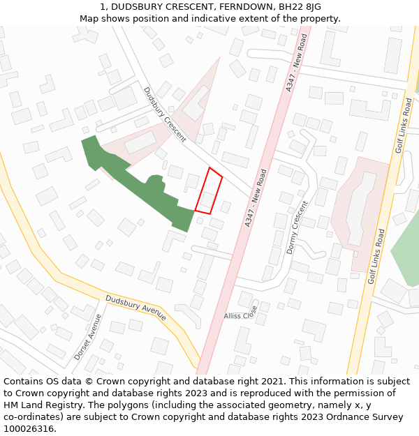 1, DUDSBURY CRESCENT, FERNDOWN, BH22 8JG: Location map and indicative extent of plot