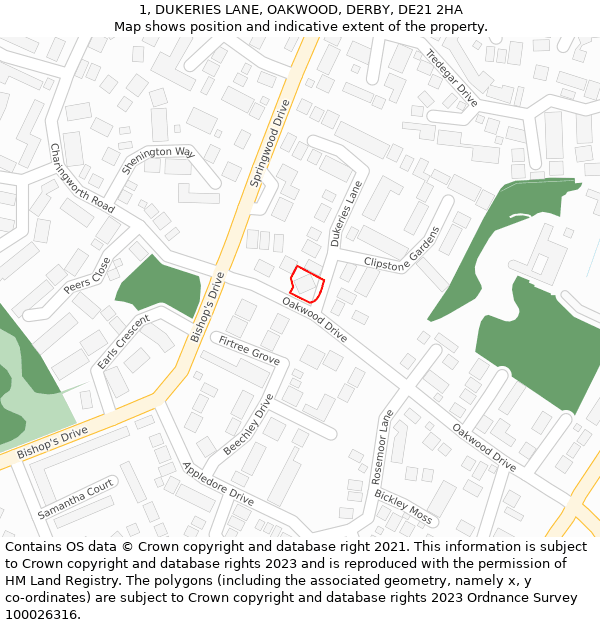 1, DUKERIES LANE, OAKWOOD, DERBY, DE21 2HA: Location map and indicative extent of plot