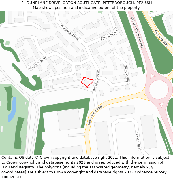 1, DUNBLANE DRIVE, ORTON SOUTHGATE, PETERBOROUGH, PE2 6SH: Location map and indicative extent of plot