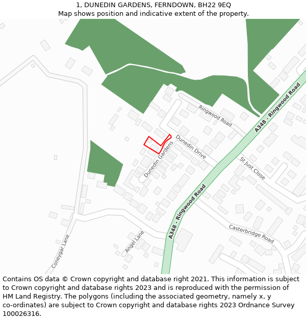 1, DUNEDIN GARDENS, FERNDOWN, BH22 9EQ: Location map and indicative extent of plot