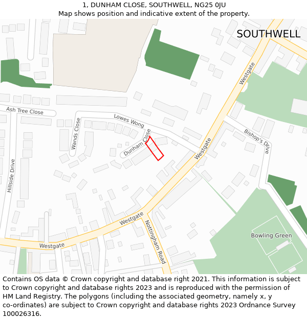 1, DUNHAM CLOSE, SOUTHWELL, NG25 0JU: Location map and indicative extent of plot