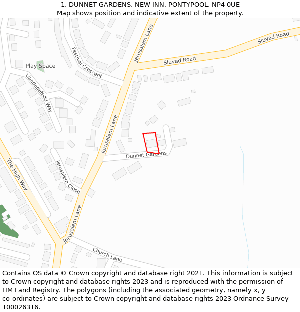 1, DUNNET GARDENS, NEW INN, PONTYPOOL, NP4 0UE: Location map and indicative extent of plot