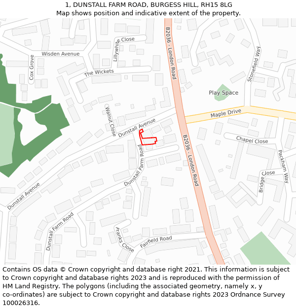 1, DUNSTALL FARM ROAD, BURGESS HILL, RH15 8LG: Location map and indicative extent of plot