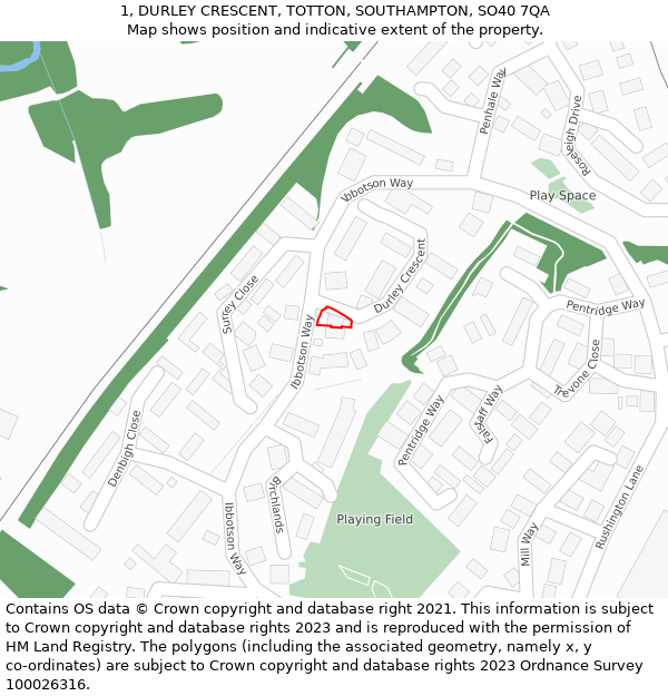 1, DURLEY CRESCENT, TOTTON, SOUTHAMPTON, SO40 7QA: Location map and indicative extent of plot