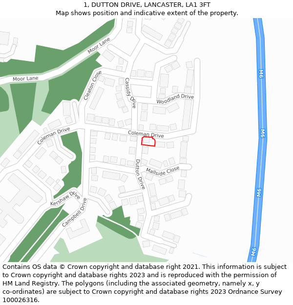 1, DUTTON DRIVE, LANCASTER, LA1 3FT: Location map and indicative extent of plot