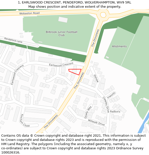 1, EARLSWOOD CRESCENT, PENDEFORD, WOLVERHAMPTON, WV9 5RL: Location map and indicative extent of plot