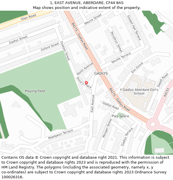 1, EAST AVENUE, ABERDARE, CF44 8AS: Location map and indicative extent of plot