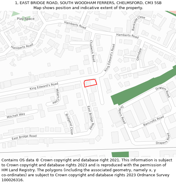 1, EAST BRIDGE ROAD, SOUTH WOODHAM FERRERS, CHELMSFORD, CM3 5SB: Location map and indicative extent of plot