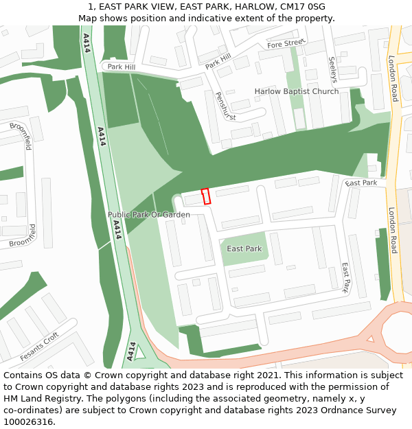 1, EAST PARK VIEW, EAST PARK, HARLOW, CM17 0SG: Location map and indicative extent of plot