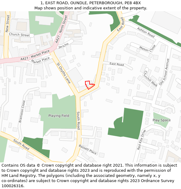 1, EAST ROAD, OUNDLE, PETERBOROUGH, PE8 4BX: Location map and indicative extent of plot
