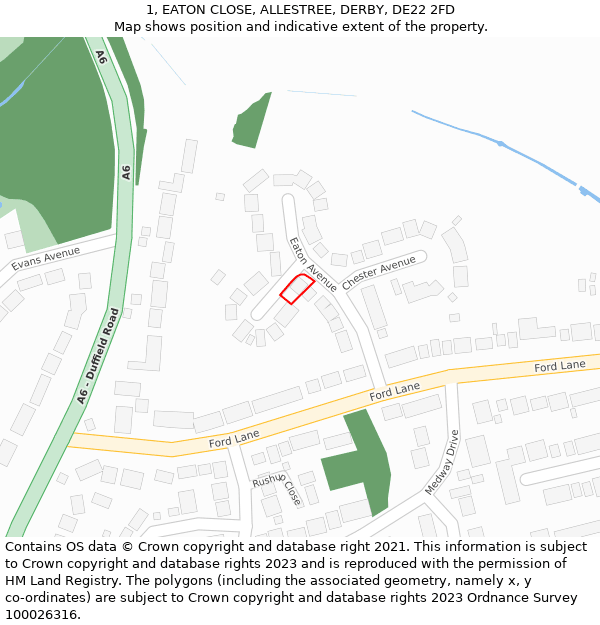 1, EATON CLOSE, ALLESTREE, DERBY, DE22 2FD: Location map and indicative extent of plot