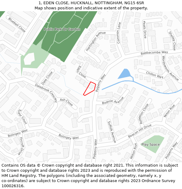 1, EDEN CLOSE, HUCKNALL, NOTTINGHAM, NG15 6SR: Location map and indicative extent of plot