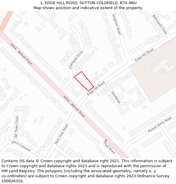 1, EDGE HILL ROAD, SUTTON COLDFIELD, B74 4NU: Location map and indicative extent of plot