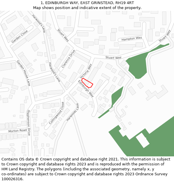 1, EDINBURGH WAY, EAST GRINSTEAD, RH19 4RT: Location map and indicative extent of plot