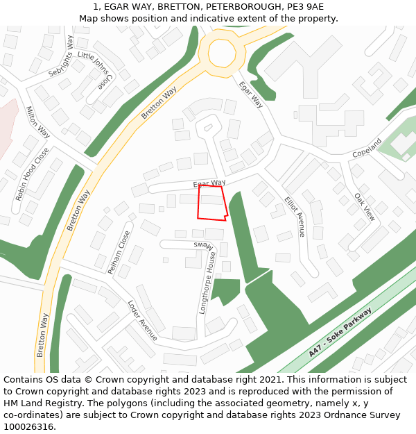 1, EGAR WAY, BRETTON, PETERBOROUGH, PE3 9AE: Location map and indicative extent of plot