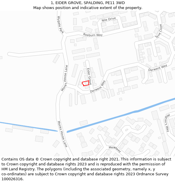 1, EIDER GROVE, SPALDING, PE11 3WD: Location map and indicative extent of plot