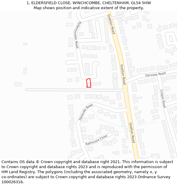 1, ELDERSFIELD CLOSE, WINCHCOMBE, CHELTENHAM, GL54 5HW: Location map and indicative extent of plot