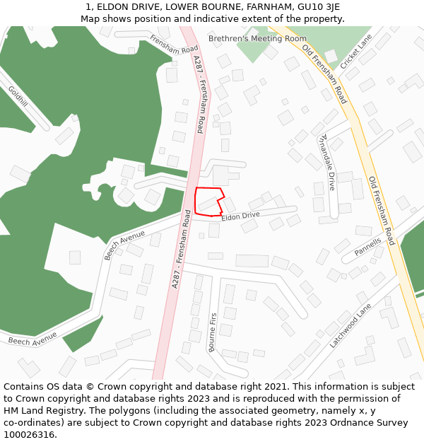 1, ELDON DRIVE, LOWER BOURNE, FARNHAM, GU10 3JE: Location map and indicative extent of plot