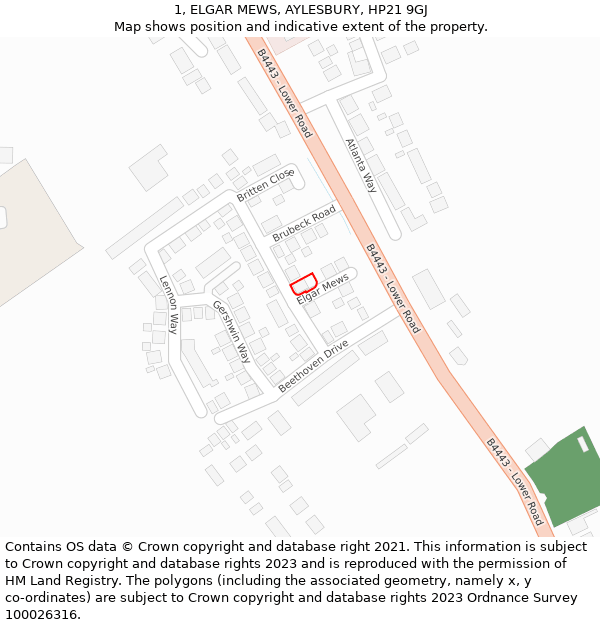 1, ELGAR MEWS, AYLESBURY, HP21 9GJ: Location map and indicative extent of plot