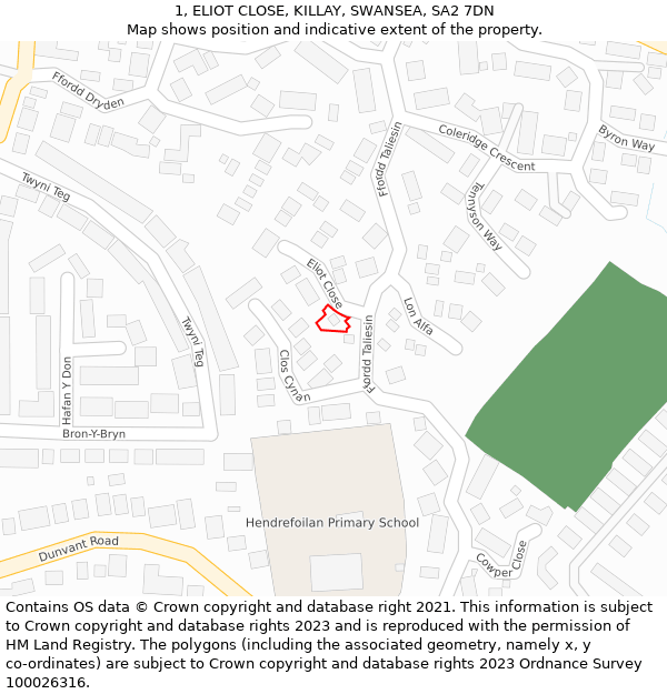 1, ELIOT CLOSE, KILLAY, SWANSEA, SA2 7DN: Location map and indicative extent of plot