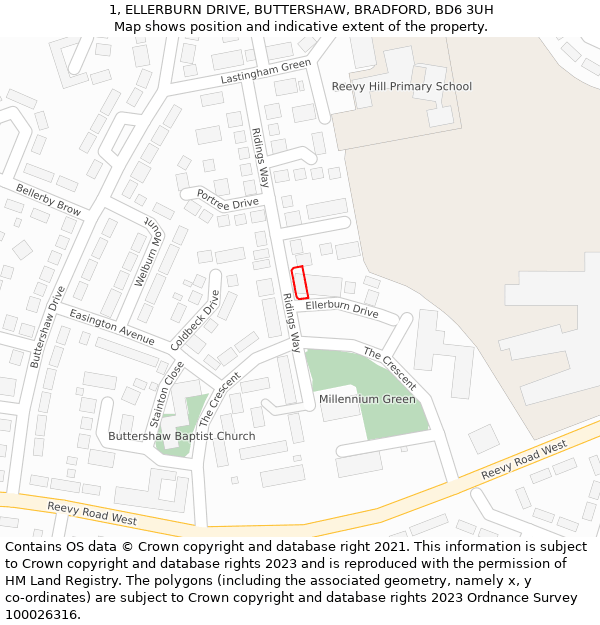 1, ELLERBURN DRIVE, BUTTERSHAW, BRADFORD, BD6 3UH: Location map and indicative extent of plot